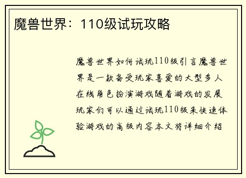魔兽世界：110级试玩攻略